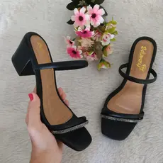 Sandália Tamanco Feminina Salto Bloco Baixo Detalhe Strass Confortável Cores Básicas REF:7701