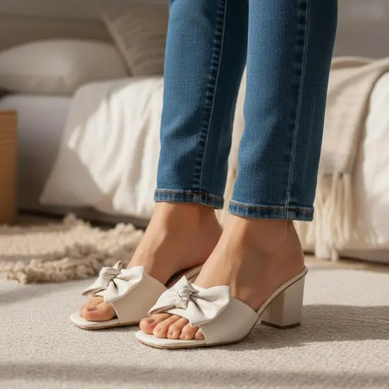 Sandália Feminina Tamanco Salto Bloco Baixo Com Laço Cores Básicas Preto, Antique,Rosa,Offwhite