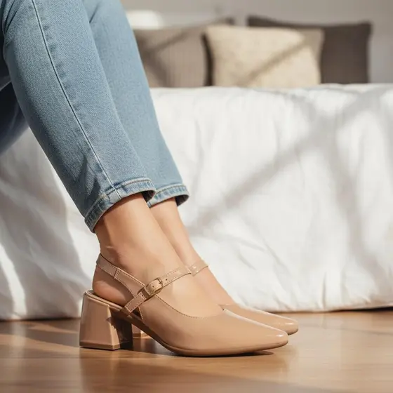 Sapato Feminino Slingback Verniz Salto 5cm Médio Grosso com Tira e Fivela Elastico Ajustavel Basicas