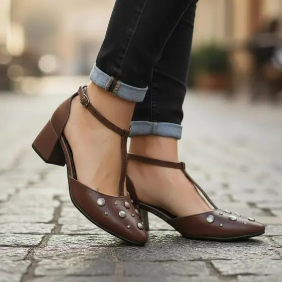 Sapato Feminino Scarpin Social Confortável Elegante Salto Bloco 6Cm Enfeite Tachas Tendencia 2026