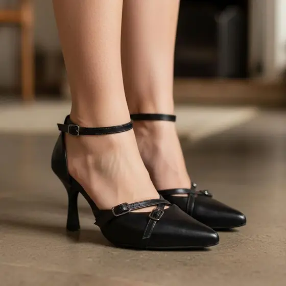 Scarpin Feminino Bico Fino Salto Médio 7cm Tira com Fivela Confortável Elegante Casual Social Moda Evangélica