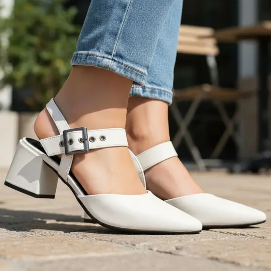 Sapato Feminino Bico Fino Bellamore Scarpin Social Com Fivela Salto Grosso 6 Cm Branco,Marsala,Rocha