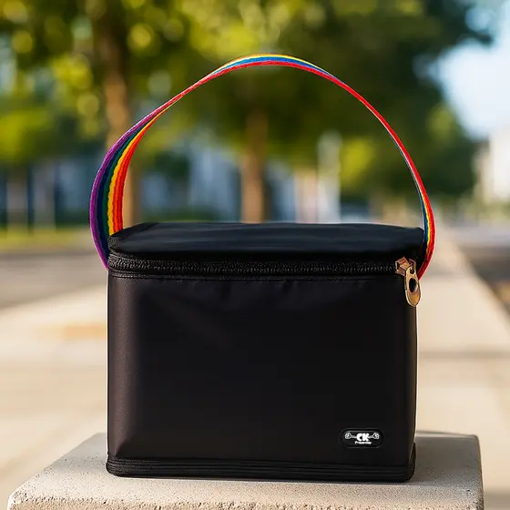 Bolsa Térmica Preta com Alça Arco-Íris 2,5L – Compacta, Moderna e Estilosa Para Marmita e Rotina