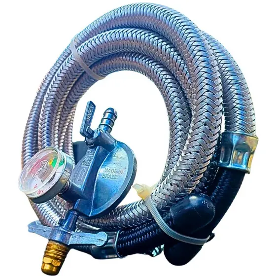 REGULADOR VISOR MEDIDOR DE GÁS E MANGUEIRA MALHA AÇO 1,5 Mts