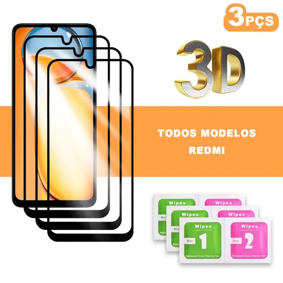Kit 3 Película 3D Vidro Temperado Compatível Com Xiaomi Redmi Note 13 Pro Note 12 Pro Note 11 Pro Note 10 Pro