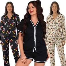 Pijama Feminino Aberto Adulto Baby Doll Americano Luxo/ Pijama Feminino Curto Aberto Botão Frontal