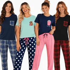 Pijama Feminino Meia Estação/Pijama Feminino Longo Inverno Quentinho Estampado Personagens Plus Size Manga Longa