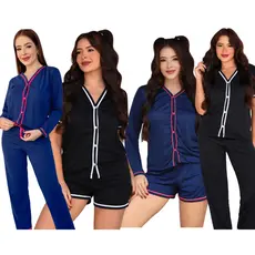 Kit Pijama Feminino Americano Aberto 4 Em 1 Curto E Longo 2 Peças 4 Combinações Malha Confortável