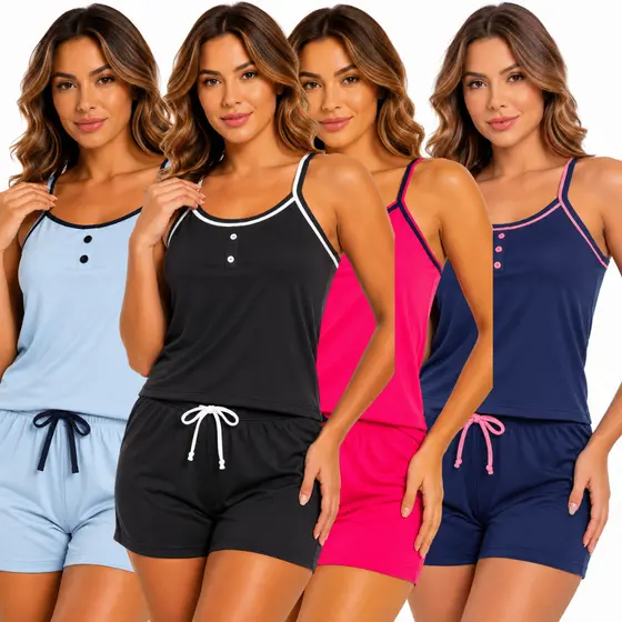 Pijama Feminino Curto Short Doll Regata Alça Fina Botões Malha PV Antipeeling Verão/ Baby Doll Luxo Basico Liso