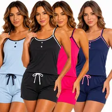 Pijama Feminino Curto Short Doll Regata Alça Fina Botões Malha PV Antipeeling Verão/ Baby Doll Luxo Basico Liso