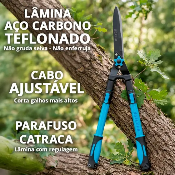 Tesoura de Poda Cerca Viva Poda Grama Cabo Telescópico Profissional 39cm a 61cm Silven