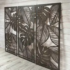 Quadro Decorativo 3 Peças Painel Vazado de Folhas Tropicais em MDF 3mm