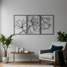 Quadro Decorativo Triplo Floral Minimalista em MDF – Parede Sala ou Quarto