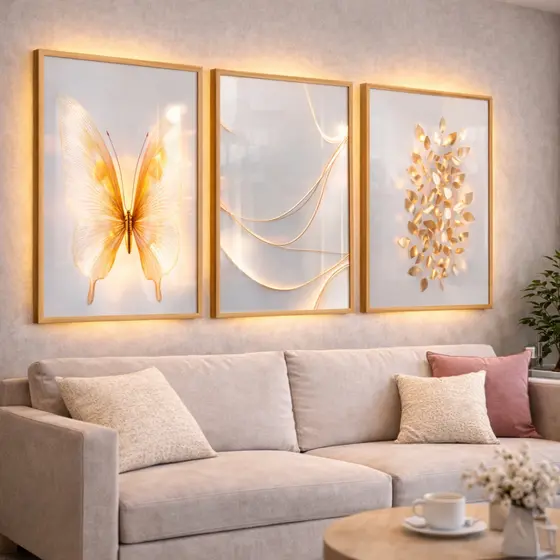 Quadros Decorativos Trio Borboleta Dubai Folhas Dourada Moderno Branco para Sala Quarto