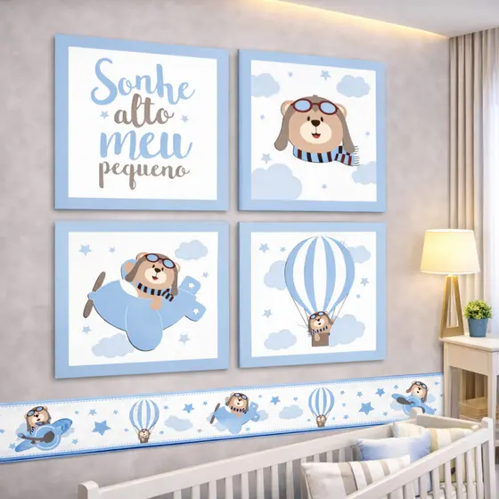Quadros Decorativos Urso Aviador + Faixa Adesiva Balão Sonhe Alto Meu Pequeno Azul