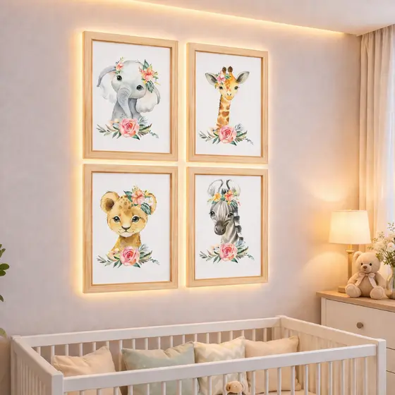 Kit 4 Quadros Decorativos Infantil Safari Aquarela Menina