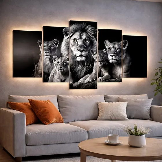 Quadro Decorativo Família de Leão Preto e Branco Sala Quarto Mosaico 5 Peças