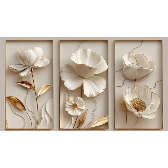 Quadro Decorativo Flores Brancas O Jardim Dourado 2 Quarto Hall Moderno