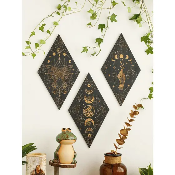 Decoração De Parede De Madeira Da Fase Da Lua Negra, Arte Da Parede Rhomboid, Casa Boho, Decoração Pendurada De Bruxa