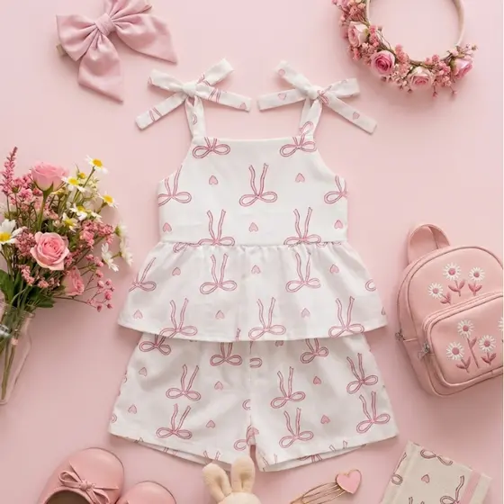conjunto infantil menina estampa colorida short e blusa -  Verão laço e coração  Disponível 2 ao 10