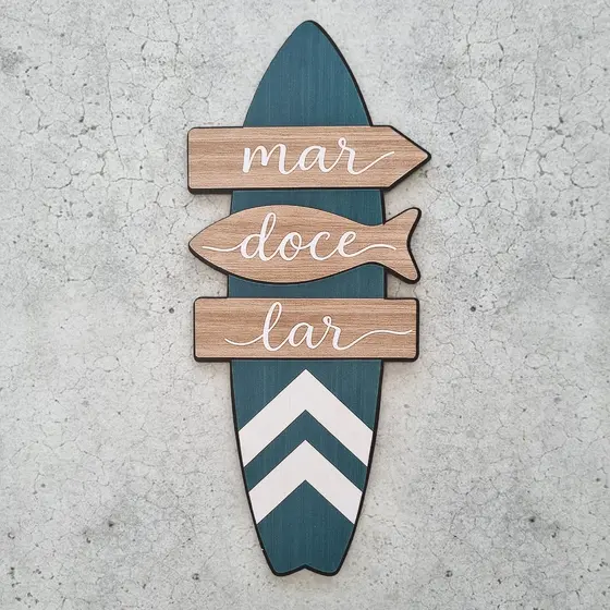 Placa Decorativa Em Mdf - Mar Doce Lar 17x39cm Prancha Surf