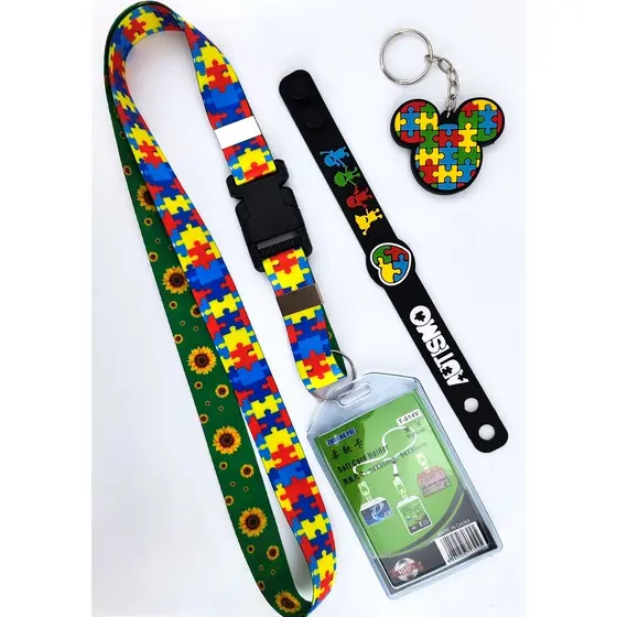 Kit identificação Cordão Autismo Girassol  Porta Crachá Pulseira Chaveiro autista