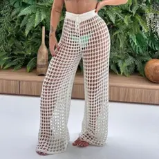 Calça Tricot Crochê Furinho Saída de Praia Cintura Alta