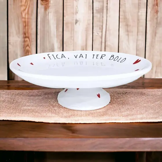 Boleira Prato De Bolo “Fica Vai Ter Bolo” Cerâmica Grande 29cm