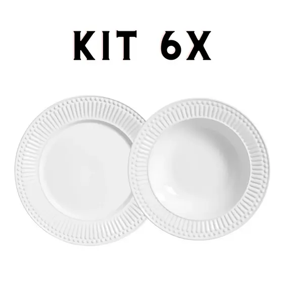 Conjunto 6 Prato Raso e 6 Pratos Fundo Roma Branco 12 Peças 2ª Linha Porto Brasil  Raso Cerâmica Louça Mesa Posta