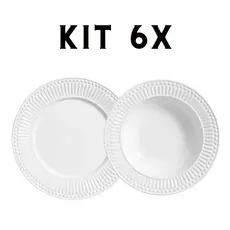 Conjunto 6 Prato Raso e 6 Pratos Fundo Roma Branco 12 Peças 2ª Linha Porto Brasil  Raso Cerâmica Louça Mesa Posta