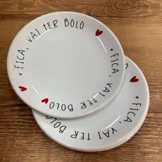 Conjunto 6 Pratos Sobremesa Cerâmica Fica Vai Ter Bolo 16,5cm Prato de Bolo Decorado Coração