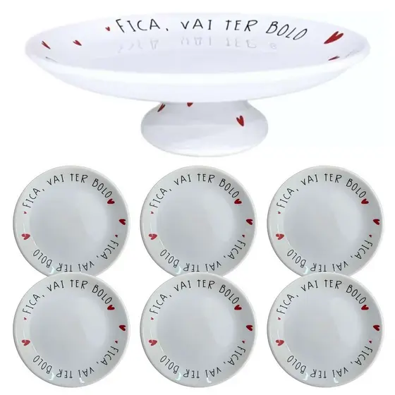 Boleira Com Pé E 6 Pratos De Sobremesa Fica Vai Ter Bolo 29cm