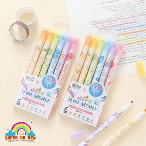 Kit 6X Marca-Texto Frutinhas 2 Pontas com Cheirinho de Fruta | Marca-Texto Tons Pastéis