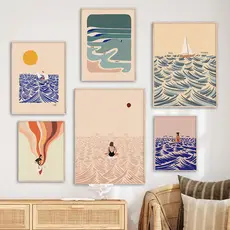 Pôster Japonês Prancha De Surf Mulher Baleia Do Mar Praia Nascer Sol Veleiro Pintura Em Tela Decoração De Arte De Parede