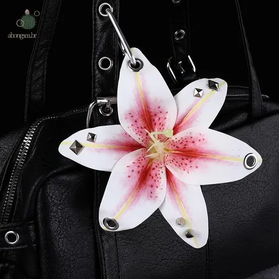 abongsea Moda Elegante Lírio Flor Chaveiro Criativo Mão-Perfurado Punctura Simulação Pingente Personalizado Saco Acessór