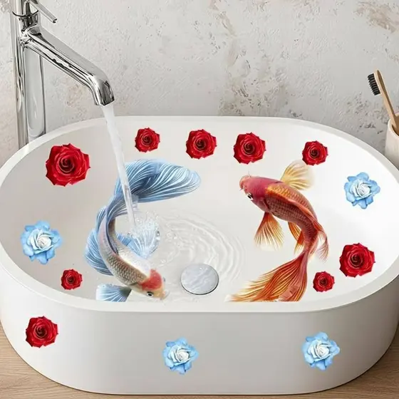 abongsea Autoadesivo Koi Peixe Floral Lavatório Stier Impermeável Removível Para Pia Do Banheiro Decoração De Casa Agrad