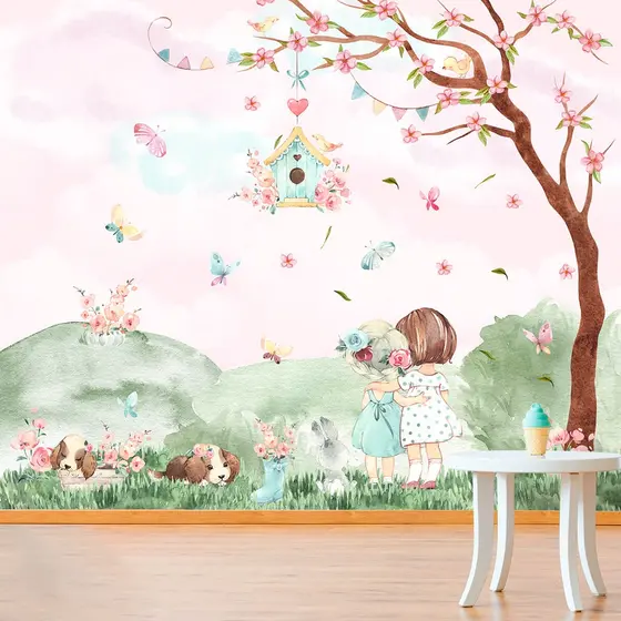 Papel de Parede Personalizado Jardim Encantado Meninas Aquarela Decoração