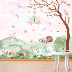 Papel de Parede Personalizado Jardim Encantado Meninas Aquarela Decoração