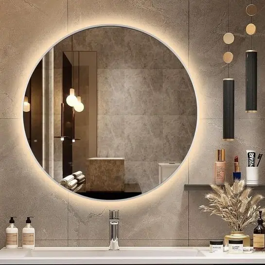 Espelho Redondo com LED Vidro Lapidado Moderno – Luz Quente e Fria Banheiro Quarto Vários Tamanhos