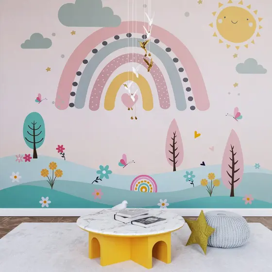 Papel de Parede Infantil Tema Arco-Íris Soft Color Para Decorar Quarto de Criança.