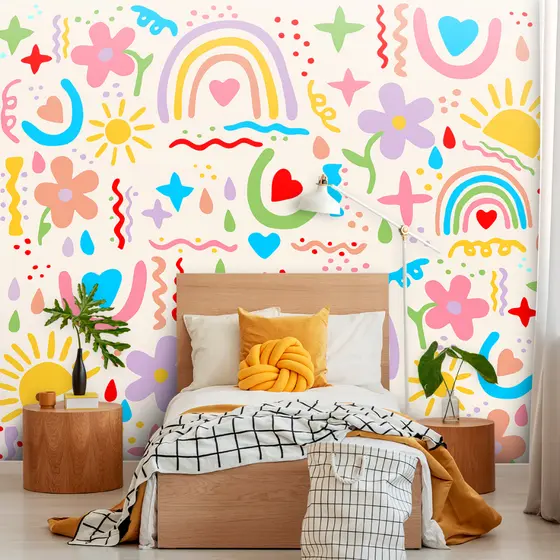 Papel de Parede Infantil Tema Arco-Íris Soft Color  Para Quarto De Menina