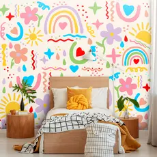 Papel de Parede Infantil Tema Arco-Íris Soft Color  Para Quarto De Menina