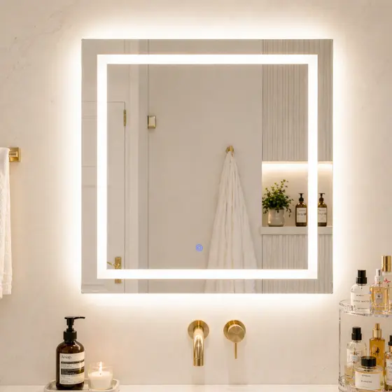 Espelho Quadrado com LED Jateado e Botão Touch Para Penteadeira