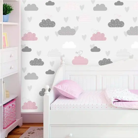 Papel De Parede Infantil Nuvens Cinza E Rosa Com Passarinhos Inove