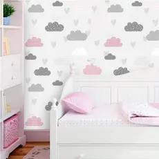 Papel De Parede Infantil Nuvens Cinza E Rosa Com Passarinhos Inove