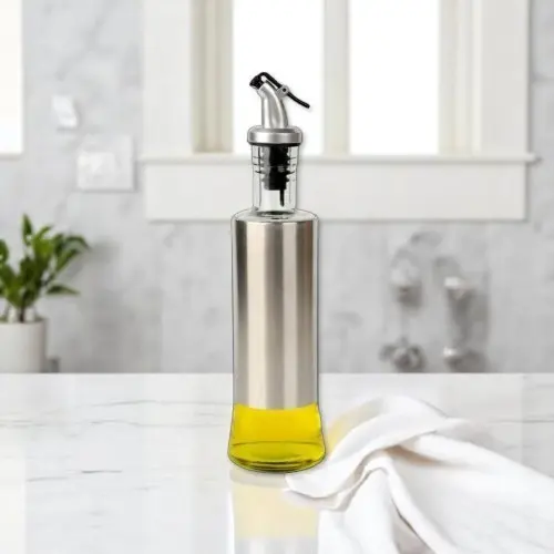 Dispenser Galheteiro Porta Azeite e Vinagre 300ml Vidro com Aço Inox e Dosador Antivazamento