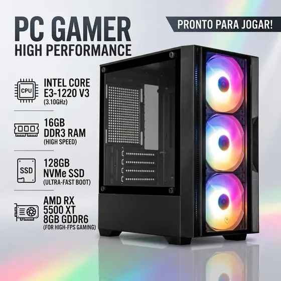 Computador CPU PC Gamer Intel 4ª Geração 16gb Ram SSD 128GB NVME RX 5500XT 8GB GTA RP Fortinite CS2