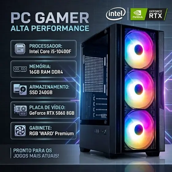 Computador CPU PC Gamer Intel Core i5 10400F 16gb Ram DDR4 SSD 128GB NVME RX 6600 8GB GTARP CS2