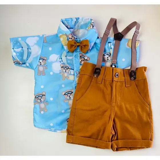 CONJUNTO URSO BALOEIRO roupa Temático infantil festa para menino Camisa Gravata Bermuda e Suspensório