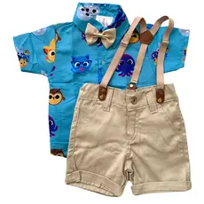 kit roupa bolofofo infantil conjunto para menino Camisa Gravata Bermuda e Suspensório fofos